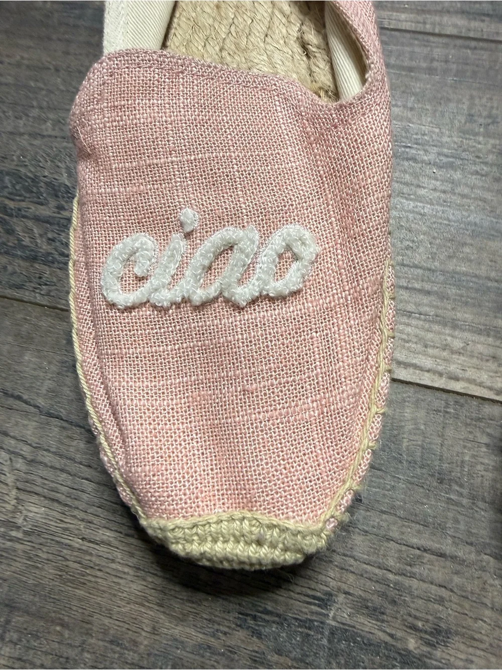 Soludos Pink Espadrille Slip-On Shoes with 'ciao bella' Embroidery Women Size 7